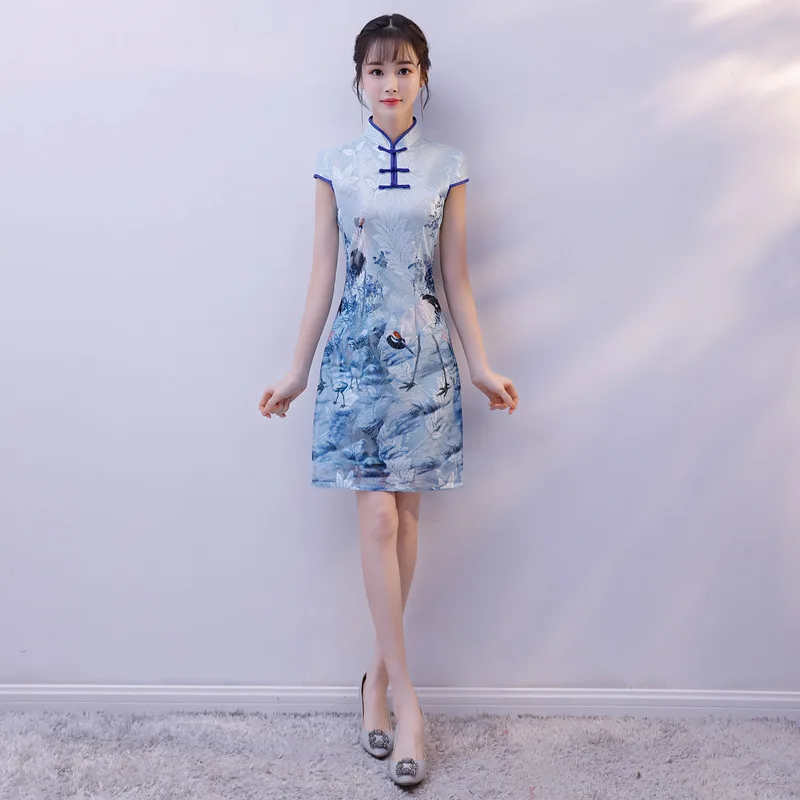 

Summer New Female Elegant Qipao Sexy Mesh Dress Short Sleeve Embroidery Chinese Vintage Mandarin Collar Cheongsam Size S-XXL