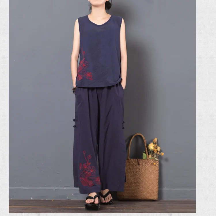 LZJN 2019 New Summer Women Sets Loose Tops and Pants Two Piece Suit Sets Women Casual Cotton Linen Tank Tops and Pants Set  (17)