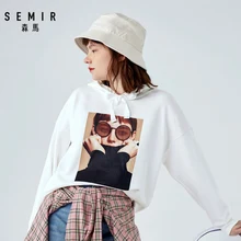 SEMIR Sweater women spring and autumn 2019 thin section loose hooded drop shoulder sleeve print chic hoodie cec sweater cover coffee patch detail drop shoulder sweater