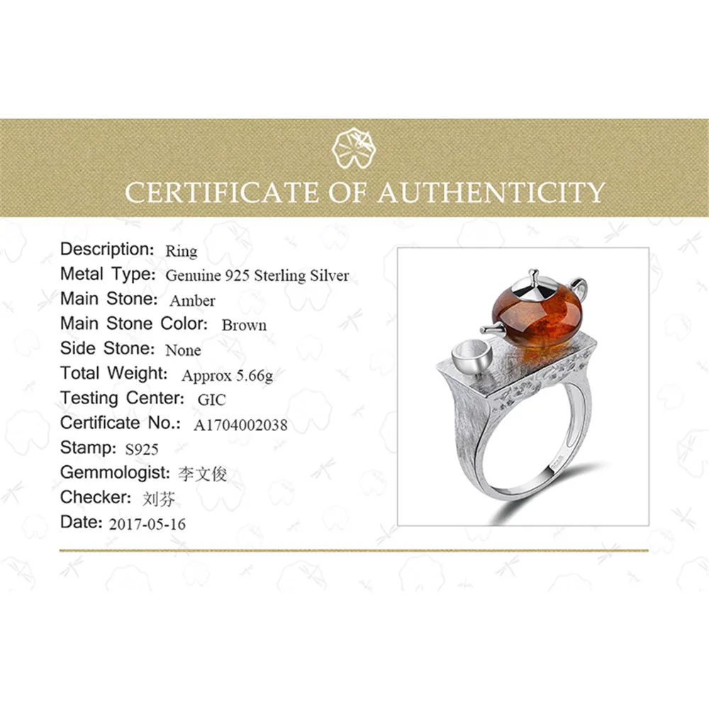 Lotus Fun Real 925 Sterling Silver Natural Amber Original Handmade Fine Jewelry Vintage Ring Cute Teapot Rings for Women Bijoux