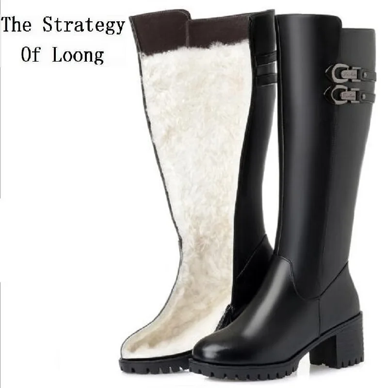 Botas Nuevo Tamaño Wool Genuino 43 Zapatos Invierno 2018 plush Tacón Cremallera Lana Black Dentro Decoración Mujer De Black Cuero Grueso Rodilla Hebilla 35 La Alto adPPRv