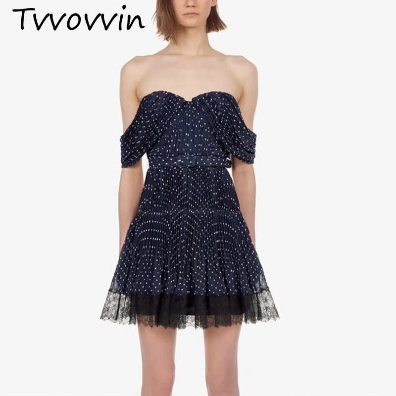 

Summer Self Portrait Designer Dress Women 2019 Sexy Strapless Draped Mini Dress Navy Polka Dot Lace Chiffon Patchwork Dress V703