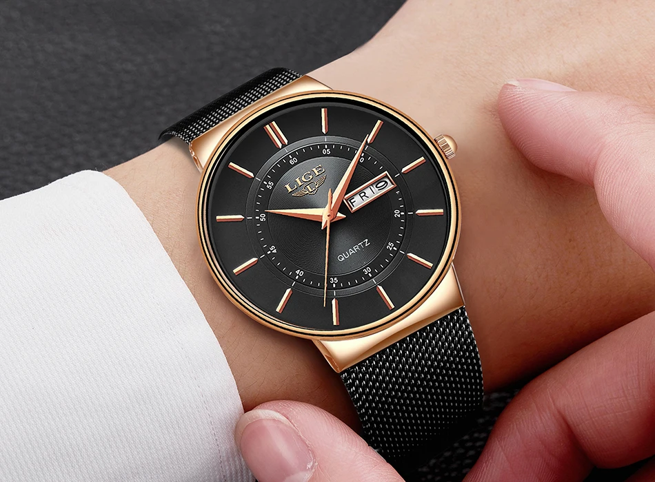 Relogio Masculino LIGE New Mens Watches Top Brand Luxury Ultra Thin Quartz Watch Men Steel Mesh Strap Waterproof Gold Watch