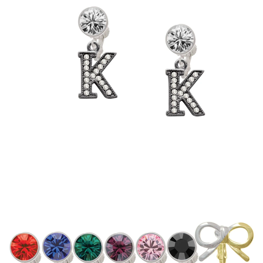 Crystal Black Initial - K - Beaded Border - Crystal Clip On Earrings