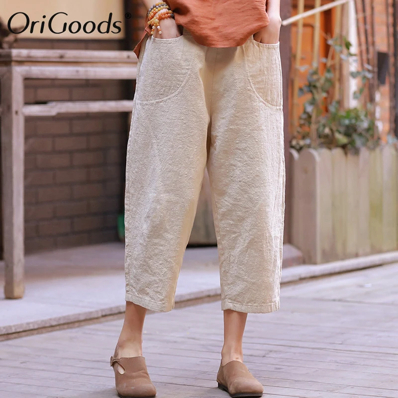 

OriGoods Cotton Linen Harem Pants Women Calf-length Capris Pants Solid Elasticwaist Loose Vintage Pants Women Trousers C220