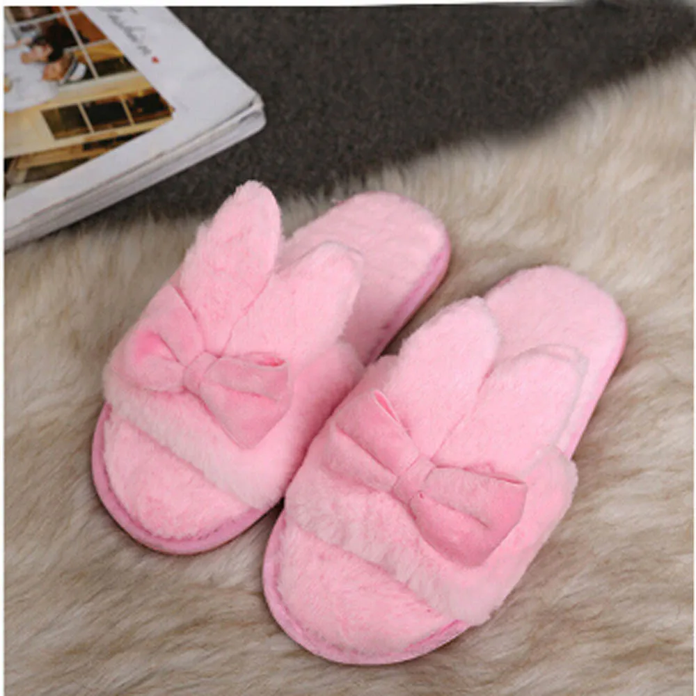 Зимняя обувь; женские тапочки из искусственного меха; теплая Домашняя обувь с забавными заячьими ушками; шлепанцы с открытым носком; Zapatos de mujer; Прямая поставка c - Цвет: Pink
