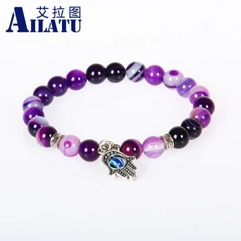 

Ailatu Jewelry Hot Sale 10pcs/lot High Quality Natural Purple Stone Beads Antique Silver Color Plated Hamsa Bracelets