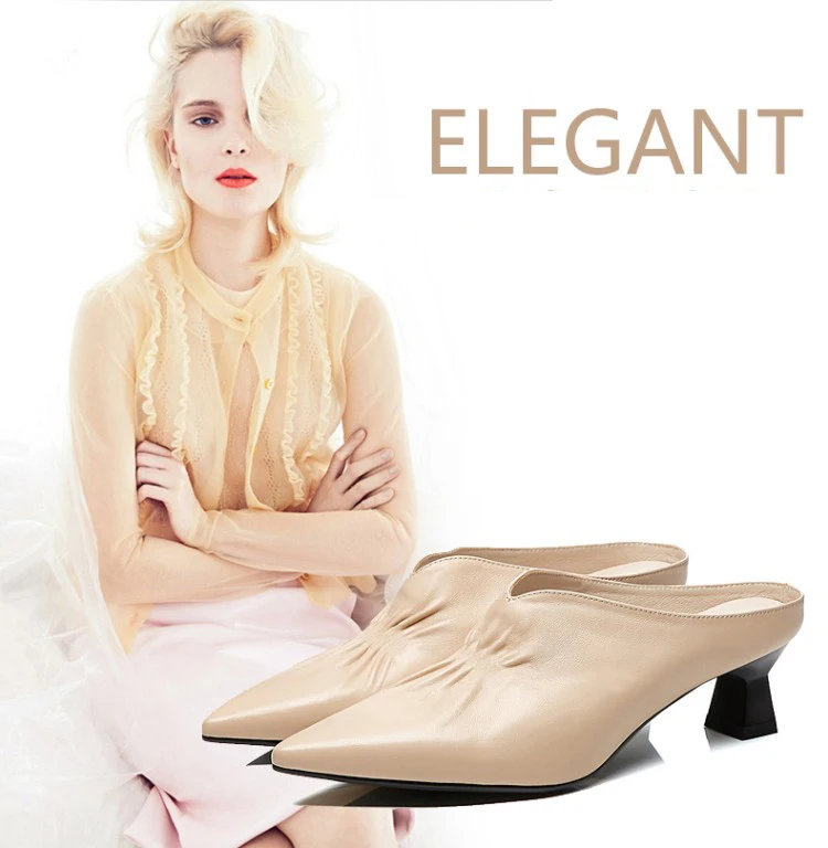 

MLJUESE 2019 women slippers Soft Cow leather slip on Summer pointed toe Rome style black color beaches sandals party dress
