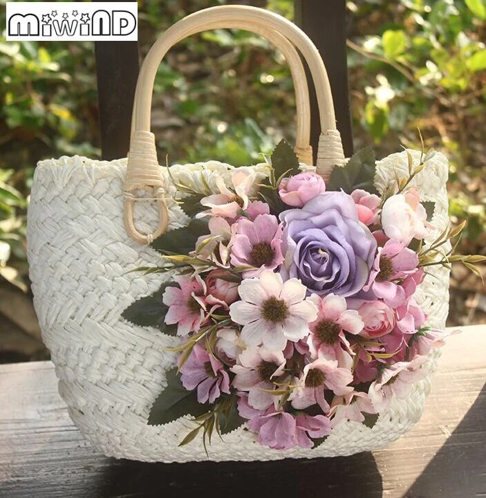 Miwind F flores tejidas a mano BRICOLAJE pequeño bolso de paja, nuevo verano viajes bolsos de las mujeres señoras lindo decorar lino bolsa|straw handbag|tote bagtravel tote - AliExpress