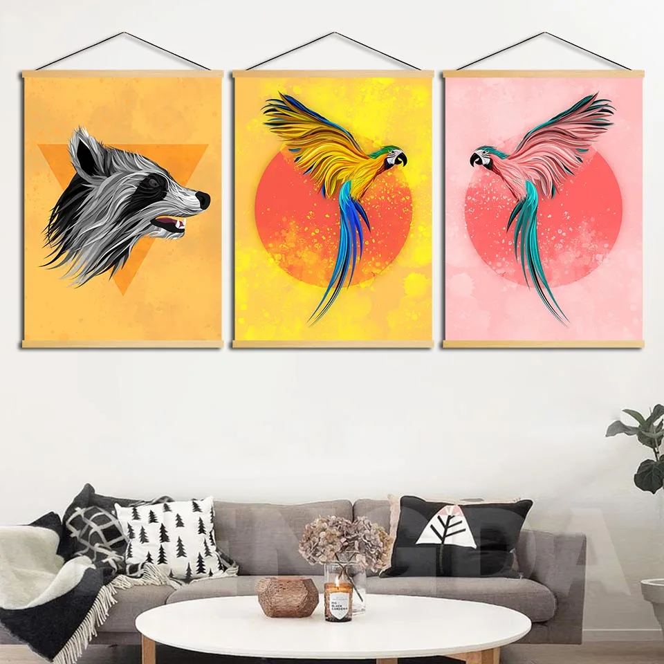 Home Decoration Wall Artwork Raccoon Parrot Animal Painting Solid Wood Hanging Scrolls Canvas Print Pictures Living Room Posters | Дом и сад