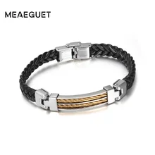 Модный мужской чёрный кожаный браслет ручной работы