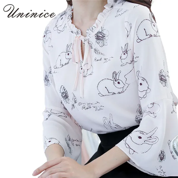 Pink Printed Rabbit Women Blouse Shirt Female Bow Flouncing Shirt Women