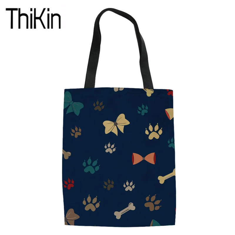 

THIKIN Dog Bone Paw Printing Shopping Bags Women Shoulder Shopper Bags Ladies Large Canvas Tote Bag for Females Recycle Eco Bags