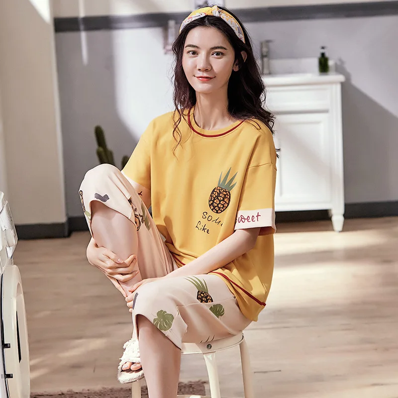 

Pajamas female summer Korean version of cotton short-sleeved cropped trousers cute cartoon girl home service suit