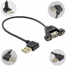 Ângulo reto 90 graus usb2.0 cabo de extensão macho para fêmea mini usb 2.0 25cm com painel de montagem furo