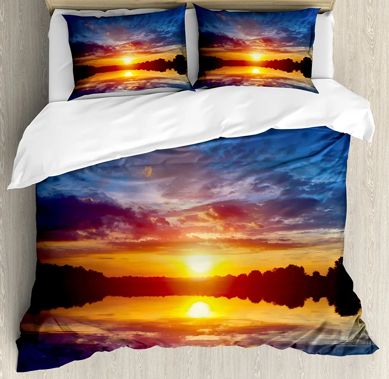 

Lake Duvet Cover Set , Dreamy Sunset Scenery with Reflection on the Lake Dramatic Dusk Twilight, 4 Piece Bedding Set