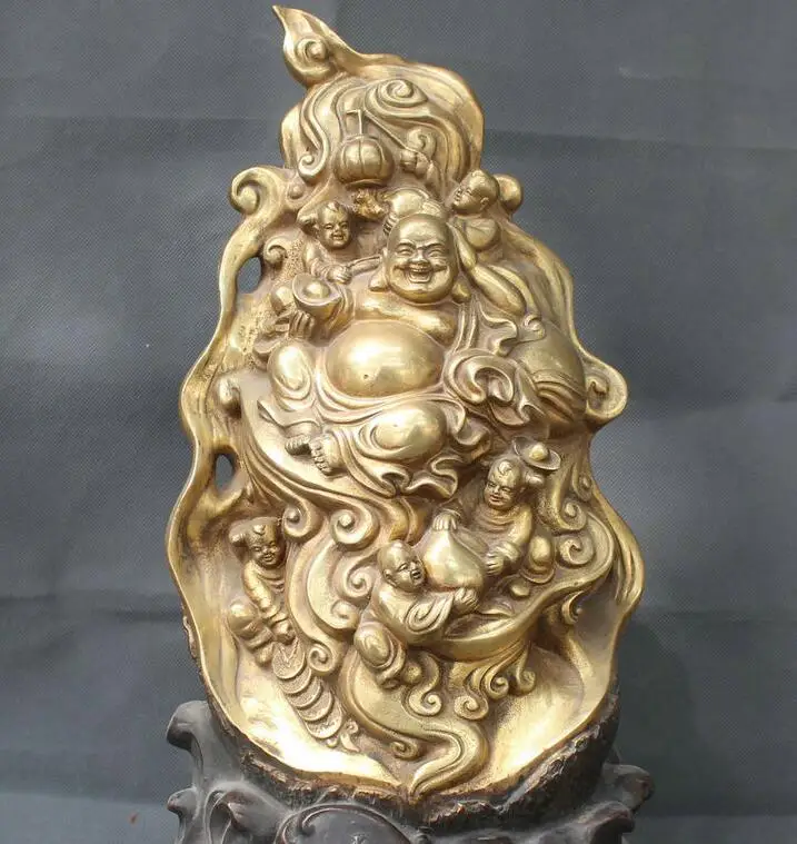 

18" Chinese Bronze Gold Fu Wealth Happy Laugh Maitreya Buddha & 5 Kids Statue