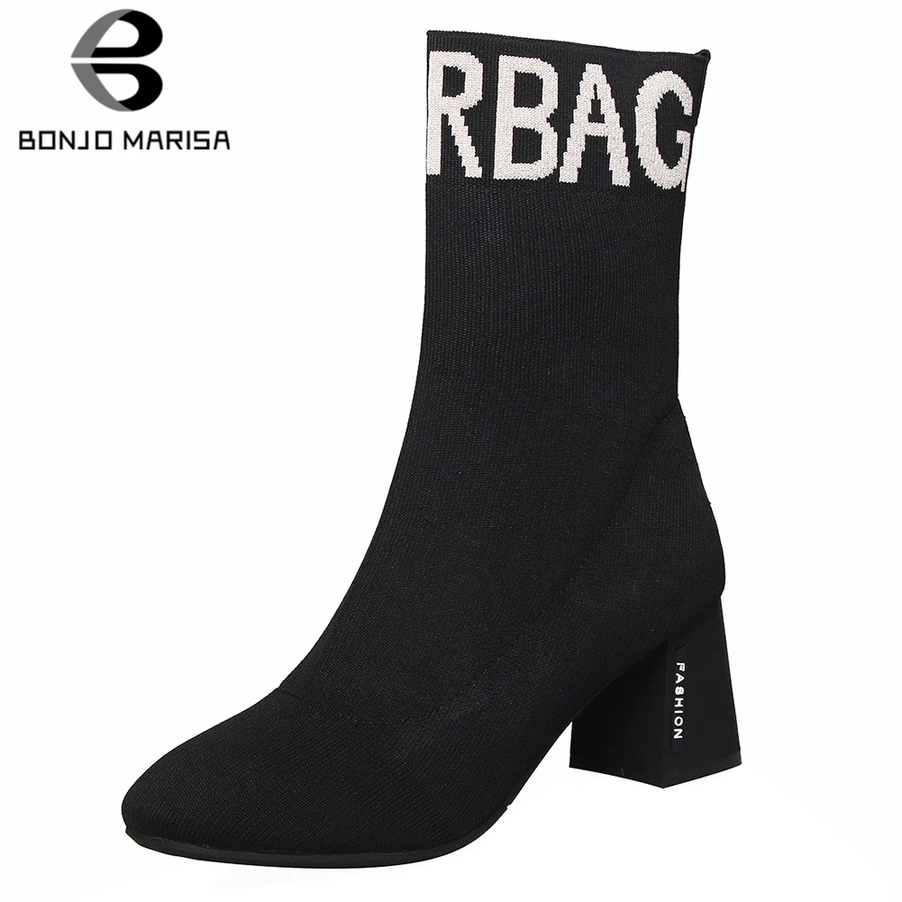 

BONJOMARISA INS Hot Fashion Street Style Weave Ankle Boots Woman Black Square High Heels Ankle Boots women's Shoes Woman 33-44