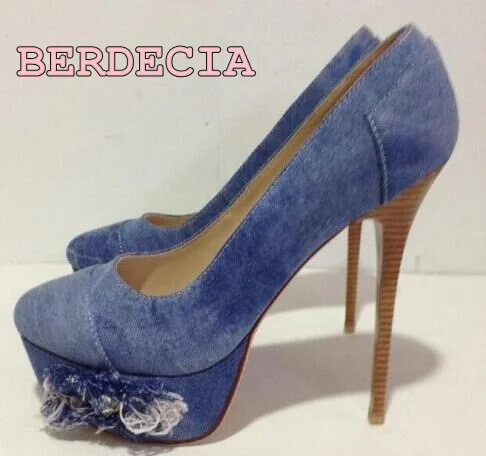 

Blue denim cut-out platform pumps stiletto heel shoes women dressing high heel pumps shallow cut fashion shoes free shipping