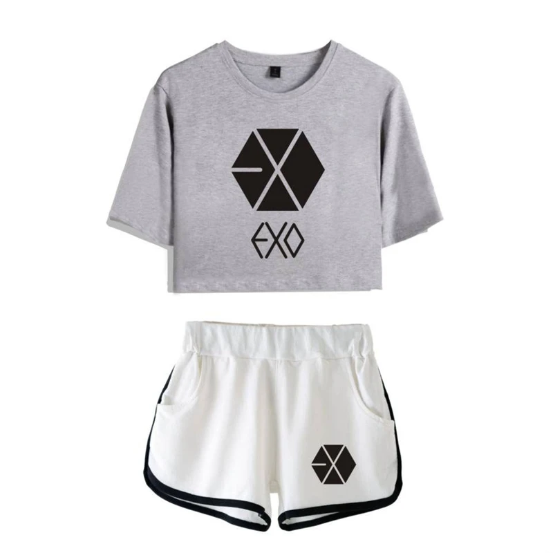 EXO Kpop Bangtan Boys короткий топ Женская футболка летние шорты и женская модная
