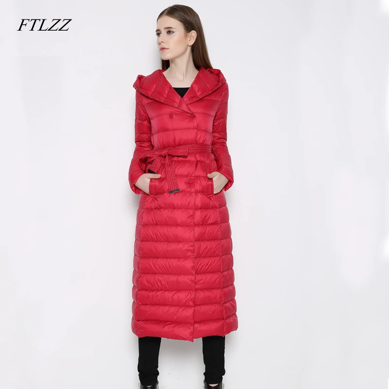 

FTLZZ 2018 New Lady Winter Warm Coat Women Slim Duck Down Jacket Long Female Long Down Parka Casual Outwear Hooded Parkas