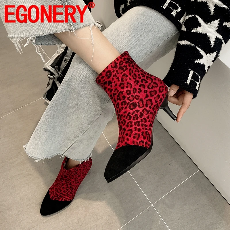 

EGONERY Sexy woman 6cm high heel shoes winter leopard pattern booties flock red yellow 34-45 plus size Pointed toe ankle boots
