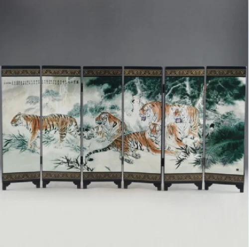 五福临门 Collect Chinese lacquerwork colour painting five tiger folding screen byobu 