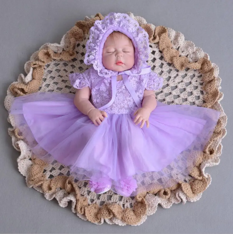 Purple Thin Lace Flowers Tulle Baby Girl Birthday Dress Princess Wedding Party Newborn Flower Headband Mini Coat Hat