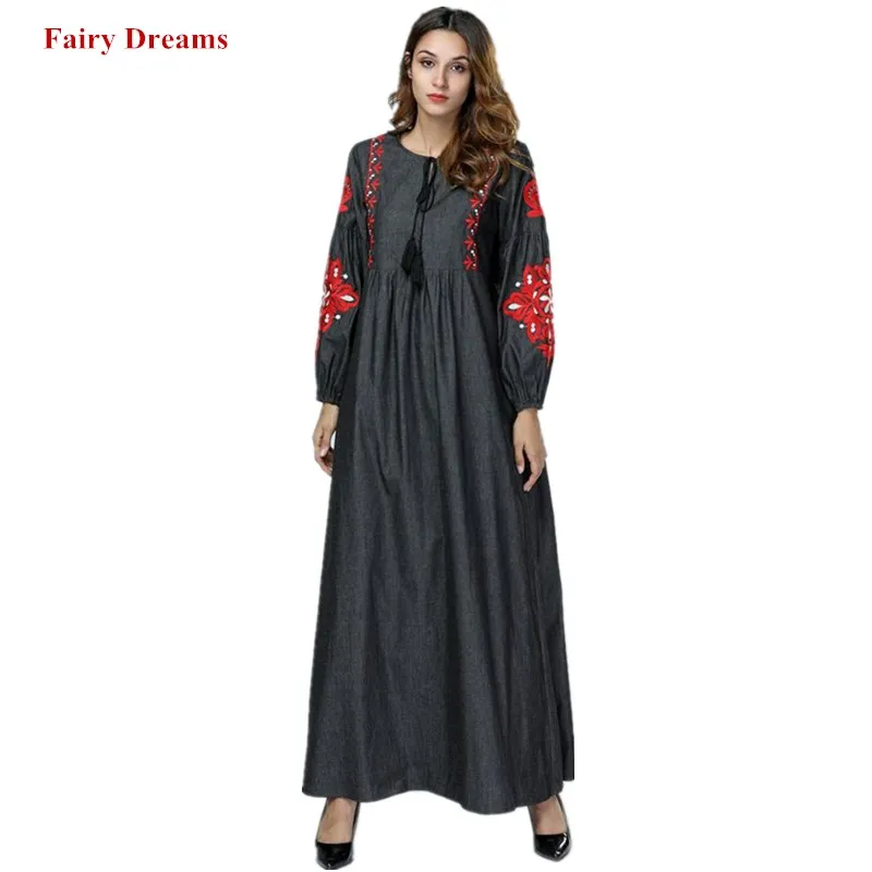 

Long Denim Dress Women Dubai Muslim Abaya Flowers Embroidery Turkey Malaysia Turkish Kaftan Islamic Robe Plus Size Clothing 2018