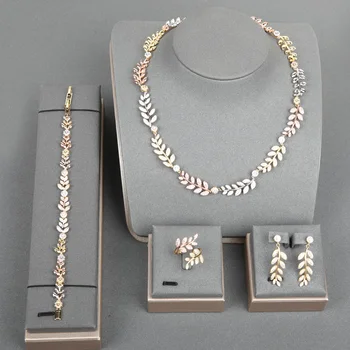 

Dazz Luxury Gold Color Dubai Jewelry Set leaf Tricolor Zircon Necklace Earrings Bracelet Ring Wedding Sets For Women Bride Gifts