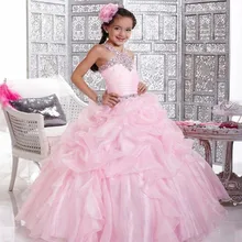 Розовое Бальное Платье из Органзы с оборками, с бретельками на шее, с бисером, плиссированное платье с цветочным узором для девочек на свадьбу, вечерние, на заказ