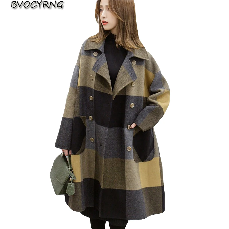 New Plaid Woolen Coat Women Autumn Winter Fashion Long Loose Windbreaker Coats Female Thicken Cashmere Winter Woolen Jackets