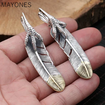 

MAYONES Genuine 925 Sterling Silver Retro Feather Pendant For Men Vintage Punk Personality Silver Pendant Jewelry