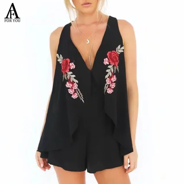 ruffle front rose Floral Embroidery V Neck Jumpsuits Romper Women