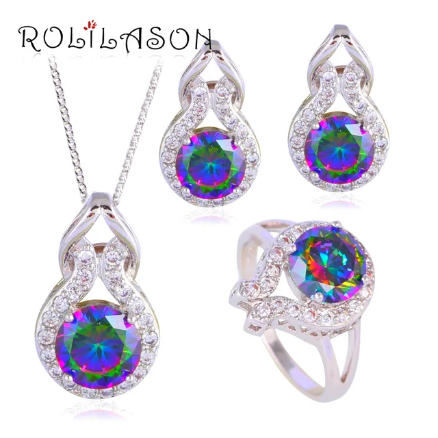 Rolilason Js620 Silver Stamped Clip Earrings Necklace Pendant Rings Rolilason Js620 Silver Stamped Clip Earrings Necklace Pendant Rings Wedding Rainbow Mystic Zircon Aaa Cz Jewelry