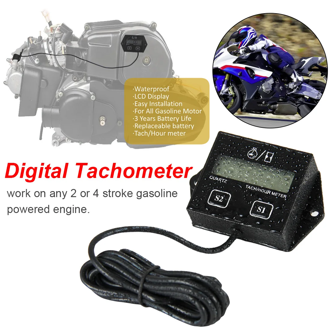 4 digit Counters Engine Tach Hour Meter Tachometer Gauge Inductive