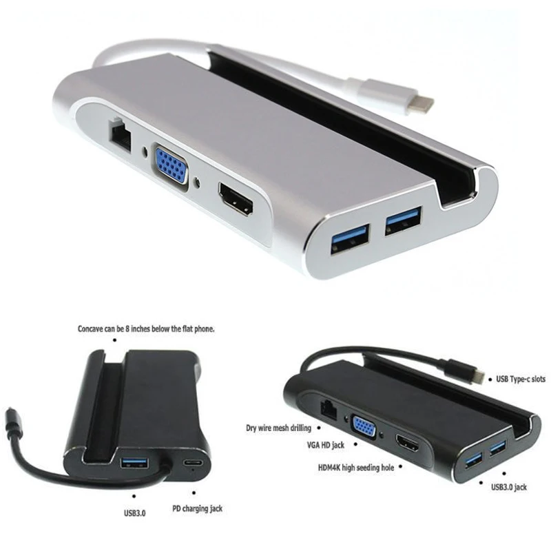 Baolyda USB C HUB Multi-Port adaptador 7in1 USB-C a 4 K HDMI Ethernet puerto VGA 100 W puerto USB 3,0 PD para dispositivos MacBook Pro tipo C - 2