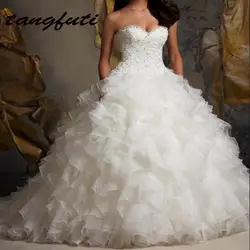 Бальное платье длинные свадебное платье es рюшами Кружева из бисера Свадебные платья Свадебное Платье vestidos de noiva