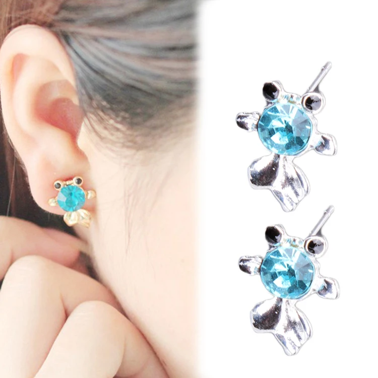 

Summer Style Fine Jewelry Accessories Cute Goldfish Image Blue Crystal Woman Earrings Color Gold Silver Plated