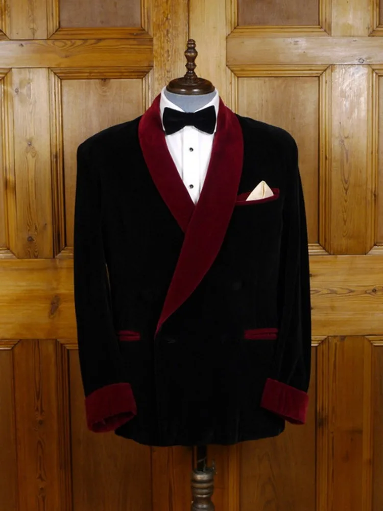 Черный бархат мужской костюм с красным шаль лацкан Slim Fit жакет-смокинг костюм-смокинг для жениха Свадебные костюмы для мужчин Формальное вечернее вечерние блейзер