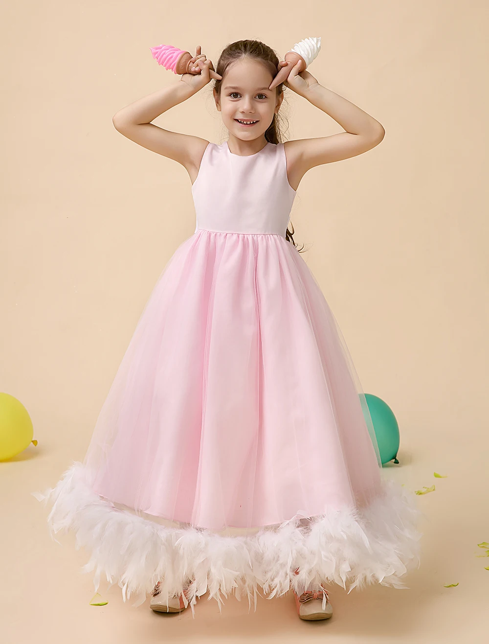 A line Satin little girls dresses Children Pageant Dresses with feather kids girls formal dresses