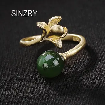 

Sinzry NEW 925 Sterling Silver handmade hetian jade flower ring creative open end 18KGP silver rings lady trendy jewelry