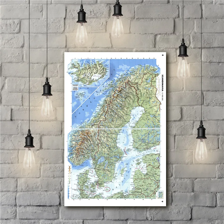 

large Detailed Physical Map Norway Sweden Map National Geographic Poster Wall Sticker Canvas Print Painting Cafe Bar Pub Picture
