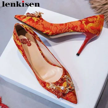

Woman brand bride Chinese embroider wedding party pumps slip on stiletto high heels pointed toe pearl metal decoration shoes L23