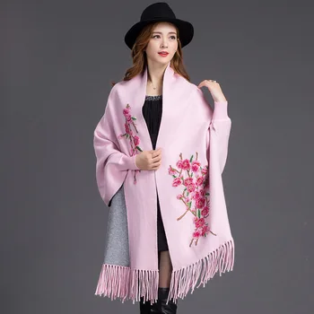 

Beautiful New Pink Women's Cashmere Reversible Poncho Zizith Embroider Flowers Shawl Two Side Pashmina Fine Tassel Tippet