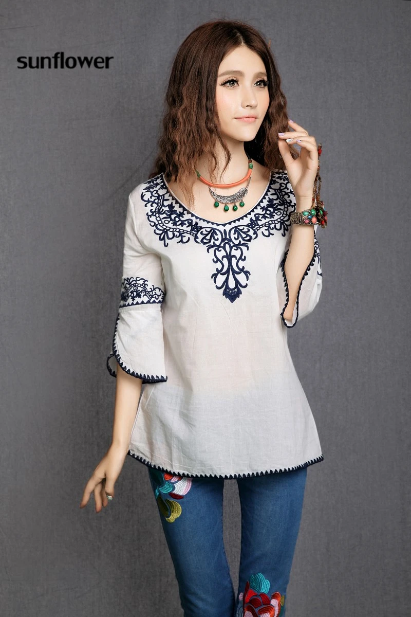 Sunflower Women Vintage Mexican Ethnic Tunic Chic Embroidered Blouse