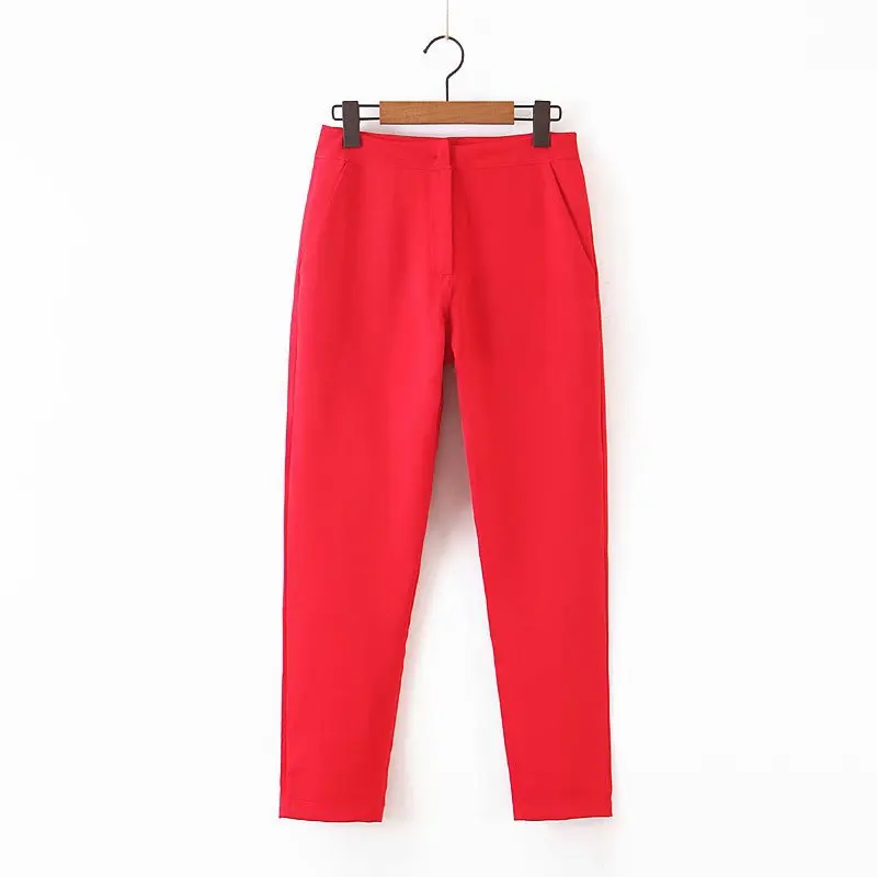 Office Lady Pants Suit Women's Single Breasted Long Sleeve Short Blazer Coat & Zipper Trousers Two Piece Set Red Costume Femme