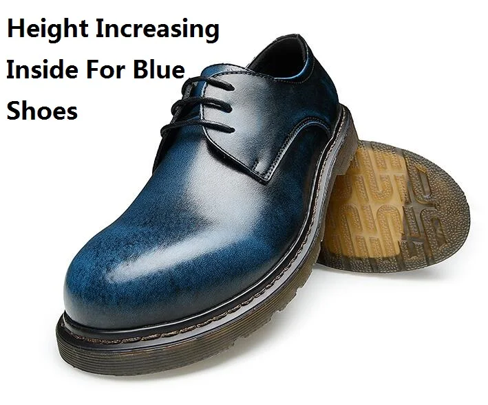 Мужские офисные туфли из кожи с натуральным лицевым покрытием с круглым носком на шнуровке; ботильоны из натуральной кожи, визуально увеличивающие рост; короткие плюшевые зимние ботинки; 6 - Цвет: blue