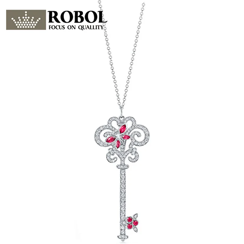

ROBOL Charm Gift 925 Sterling Silver Red Key TIFF Attractive Elegance Temperament Necklace World Jewelry