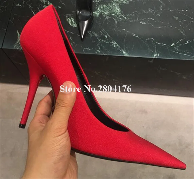 

Women Fashion Pointed Toe Satin Thin Heel Slip-on Pumps Red Blue Purple High Heels Charming Wedding Shoes Club Shoes